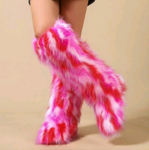 Winter Fluffy Lining High-Top Warm Snow Boots, Round Toe Faux Fox Fur Tall Boot - Picture 4 of 5